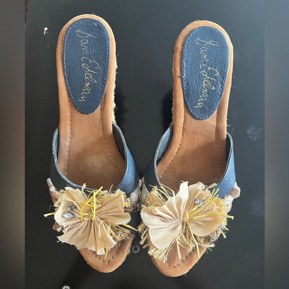 Sam Edelman Deacon Platform Wedges Leather Upper Burlap Raffia Flower Brass Stud